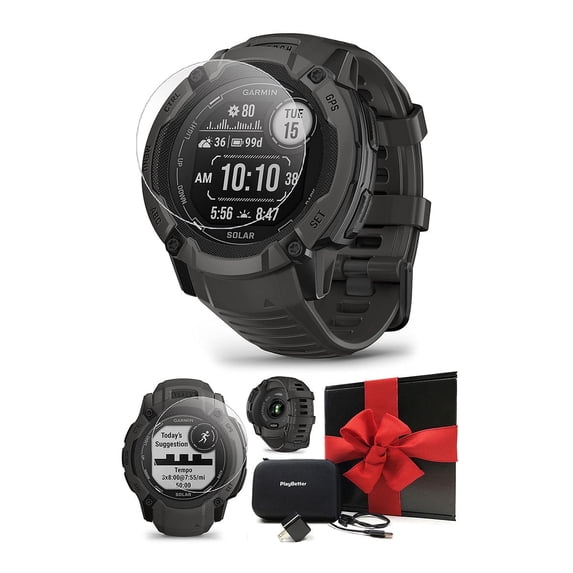 PlayBetter Garmin Instinct 2X Solar GPS Smartwatch Bundle - Graphite, HD Screen Protectors & Case