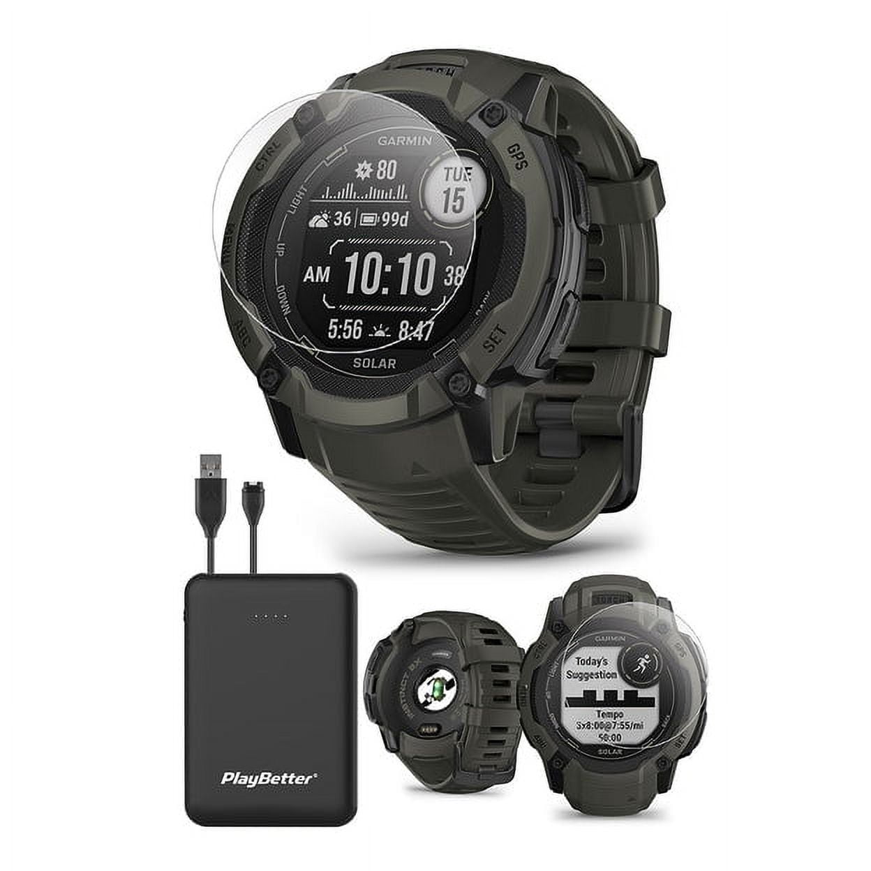  Garmin Instinct 2X Solar (Moss) Rugged GPS Smartwatch -  Flashlight, Multi-Band GNSS, Solar Charging - with PlayBetter Screen  Protectors & Portable Charger - XL, 50mm : Electronics