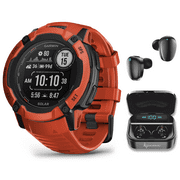 Garmin Instinct 2X Solar Rugged GPS Smartwatch, Flame Red with Power Glass Lens, LED Flashlight with Wearable4U Black EarBuds Bundle