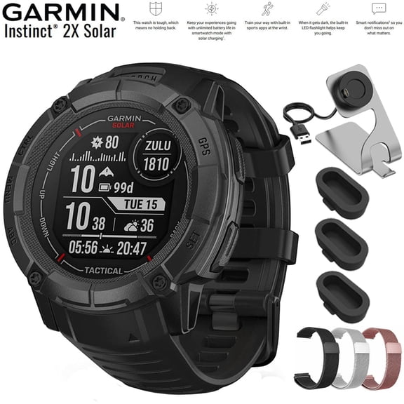 Garmin Instinct 2X Solar Rugged GPS Smartwatch Tactical Edition Black 010-02805-13 Bundle with Deco Essentials 26mm Steel Mesh Band Garmin 3-Pack, Charging Dock and Silicone Dust Cover 3 Pack