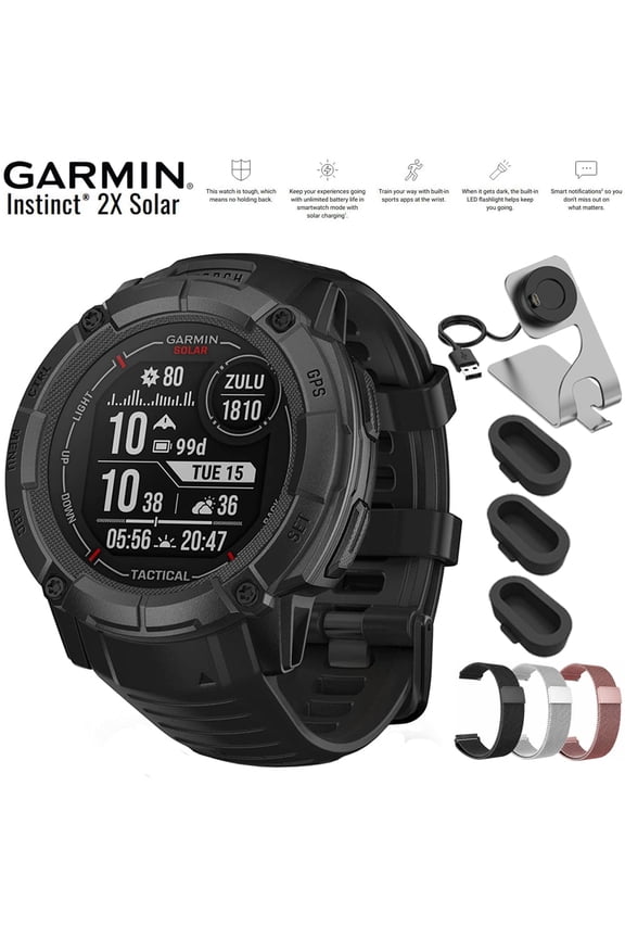 Instinct 2X Solar Rugged GPS Smartwatch Tactical Edition Black 010-02805-13 Bundle with Deco Essentials 26mm Steel Mesh Band Garmin 3-Pack, Charging Dock and Silicone Dust Cover 3 Pack