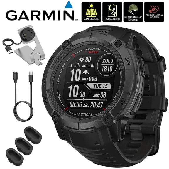 Garmin Instinct 2X Solar Rugged GPS Smartwatch, Tactical Edition, Black 010-02805-13 Bundle with Deco Essentials Charging Dock, 3x Silicone Dust Cover and USB Type C Charging and Sync Cable