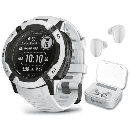 Garmin Instinct 2X Solar Rugged GPS Smartwatch, Whitestone with Power Glass Lens, LED Flashlight with Wearable4U White EarBuds Bundle