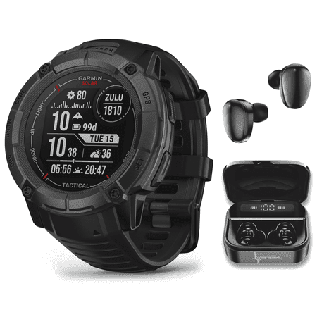 Garmin Instinct 2X Solar Tactical Rugged GPS Men Smartwatch, Black with Power Glass Lens, Stealth Mode, LED Flashlight with Wearable4U Black EarBuds Bundle