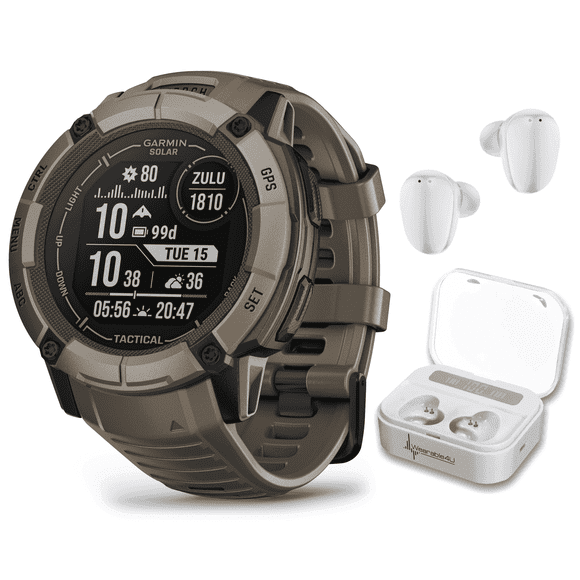 Garmin Instinct 2X Solar Tactical Rugged GPS Men Smartwatch, Coyote Tan with Power Glass Lens, Stealth Mode, LED Flashlight with Wearable4U White EarBuds Bundle