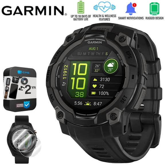 Garmin Instinct 3 - 45 mm Outdoor GPS Smartwatch, AMOLED, Black with Black Band 010-02936-00 Bundle with 2 Year Extended Warranty & Deco Essentials 2x Screen Protector