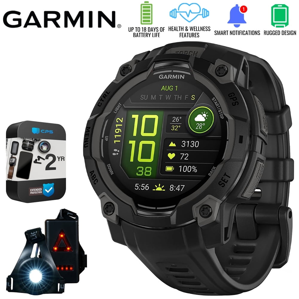 Garmin Instinct 3 - 45 mm Outdoor GPS Smartwatch, AMOLED, Black with Black Band 010-02936-00 Bundle with 2 Year Extended Warranty & Deco Essentials Wearable Safety Light