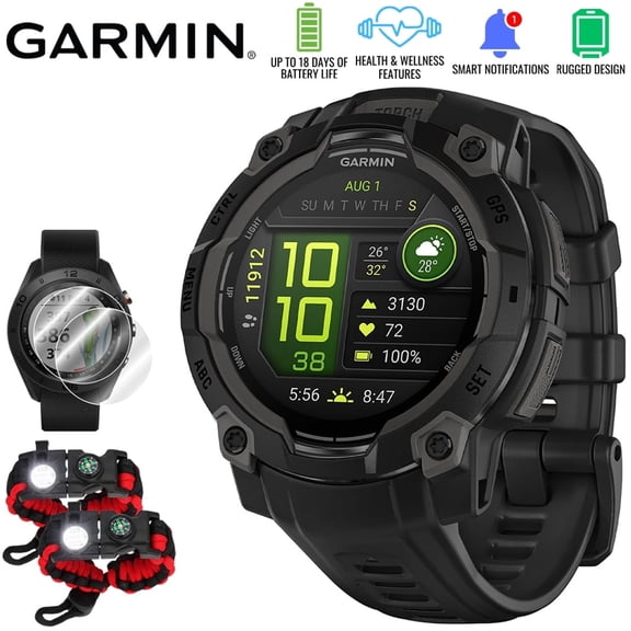 Garmin Instinct 3 - 45 mm Outdoor GPS Smartwatch, AMOLED, Black with Black Band 010-02936-00 Bundle with Deco Essentials 2x Screen Protector & 2x Tactical Emergency Paracord Bracelet