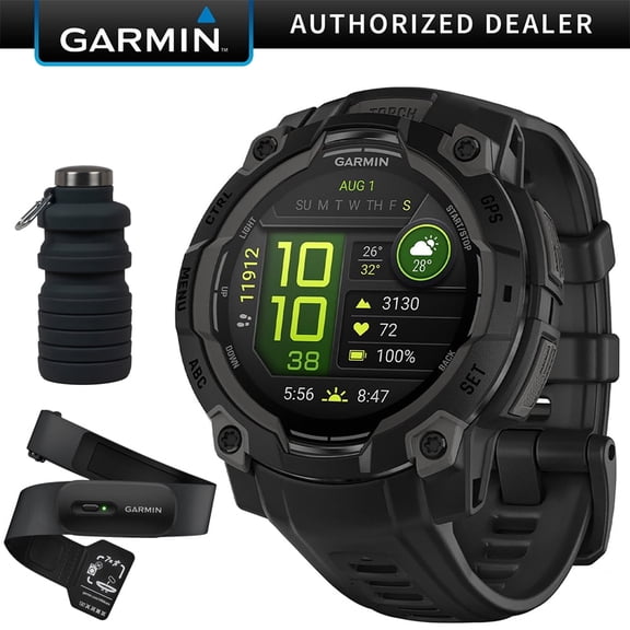 Garmin Instinct 3 - 45 mm Outdoor GPS Smartwatch, AMOLED, Black with Black Band with HRM 200 Heart Rate Monitor Strap (M-XL) Bundle with Deco Essentials Collapsable Water Bottle