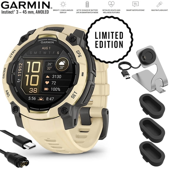 Garmin Instinct 3 - 45 mm Outdoor GPS Smartwatch AMOLED Citrine with Citrine Band 010-02936-02 Bundle with Deco Essentials Charging Dock, Silicone Dust Cover and USB Type C Charging and Sync Cable