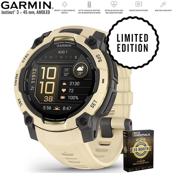Garmin Instinct 3 - 45 mm Outdoor GPS Smartwatch AMOLED Citrine with Citrine Band 010-02936-02 Bundle with Deco Essentials Exclusive 26 Month CPS Enhanced Protection Pack