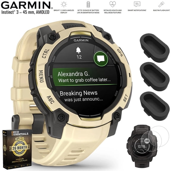 Garmin Instinct 3 45 mm Outdoor GPS Smartwatch AMOLED Citrine with Citrine Band 010-02936-02 Bundle with Dust Cover, 2-Pack Screen Protector and Deco Essentials 26 Month CPS Enhanced Protection Pack