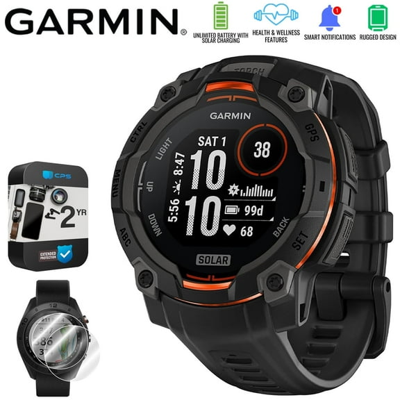 Garmin Instinct 3 - 45 mm Outdoor GPS Smartwatch, SOLAR, Black with Black Band 010-02934-00 Bundle with 2 Year Extended Warranty & Deco Essentials 2x Screen Protector