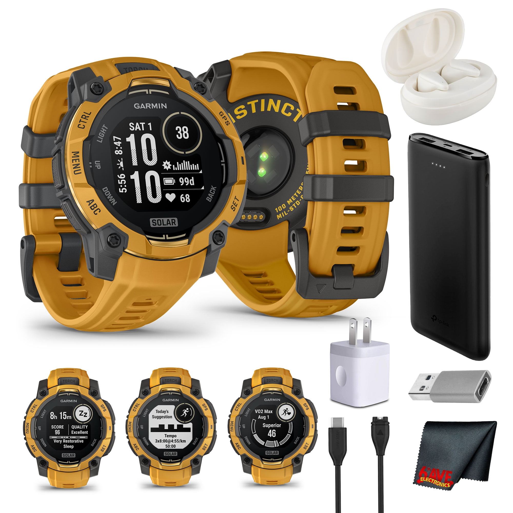 Garmin Instinct 3 - 45 mm, Solar, Rugged Outdoor GPS Smartwatch, Built-in Flashlight, Alpine Rush Collection Limited Edition Color, Sunburst Bundle With Cleaning Cloth + Wireless EarBuds + More