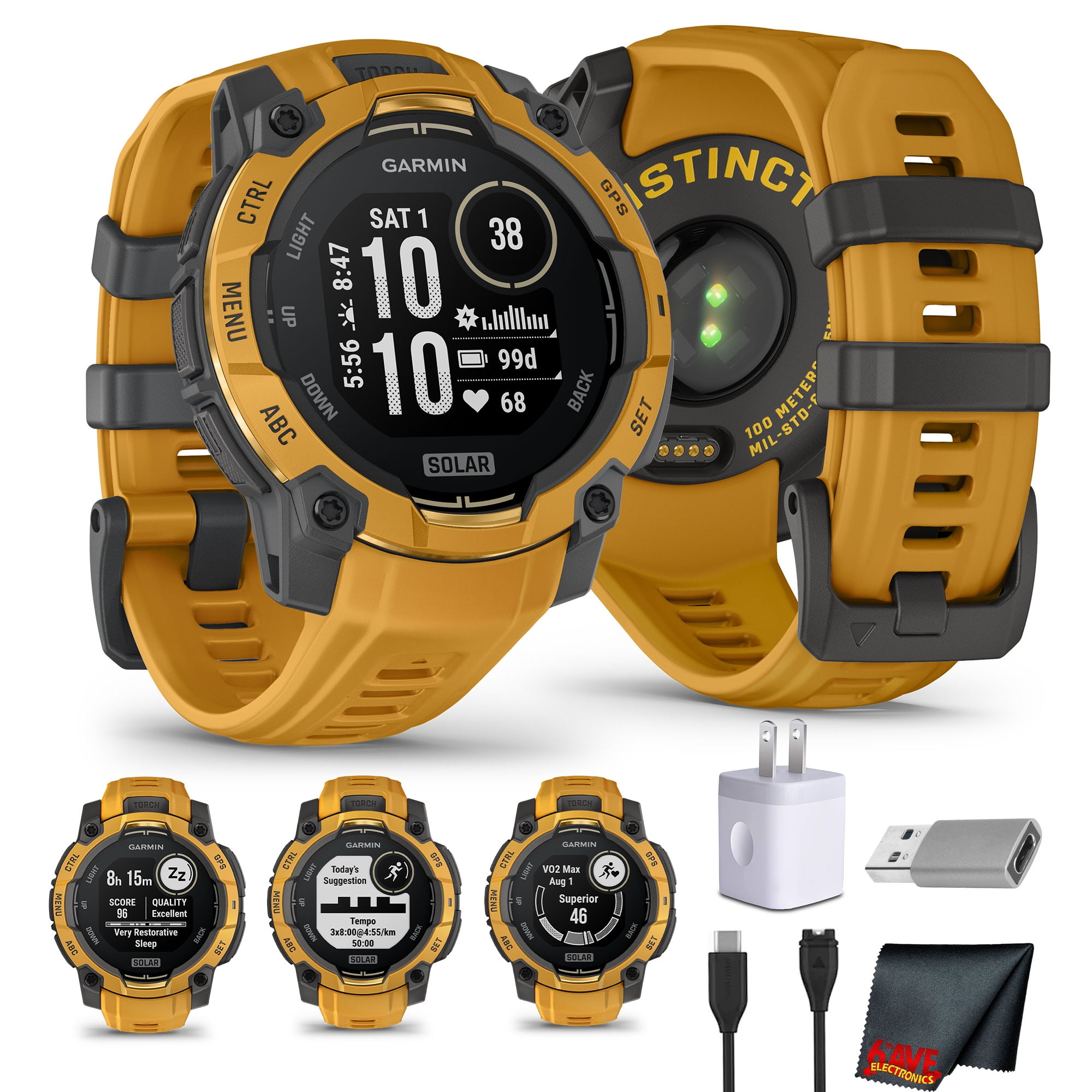 Garmin Instinct 3 - 45 mm, Solar, Rugged Outdoor GPS Smartwatch, Built-in Flashlight, Alpine Rush Collection Limited Edition Color, Sunburst with Sunburst/Gray Band Bundle