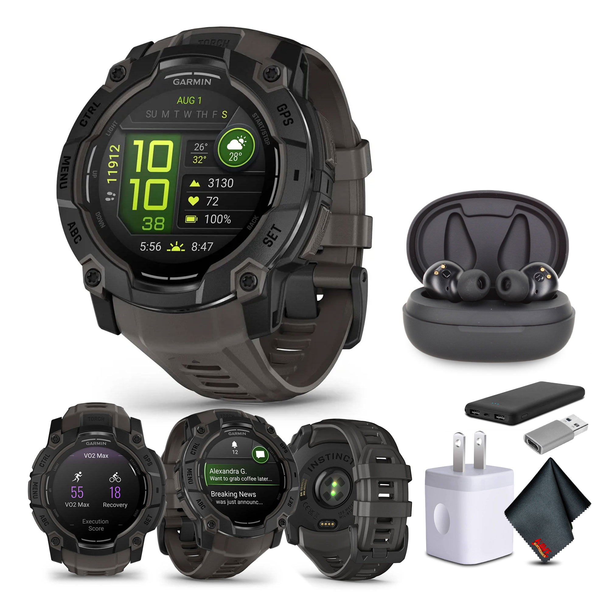 Garmin Instinct 3 45mm AMOLED Display Outdoor GPS Smartwatch Black (010-02936-00) with Earbuds Bundle