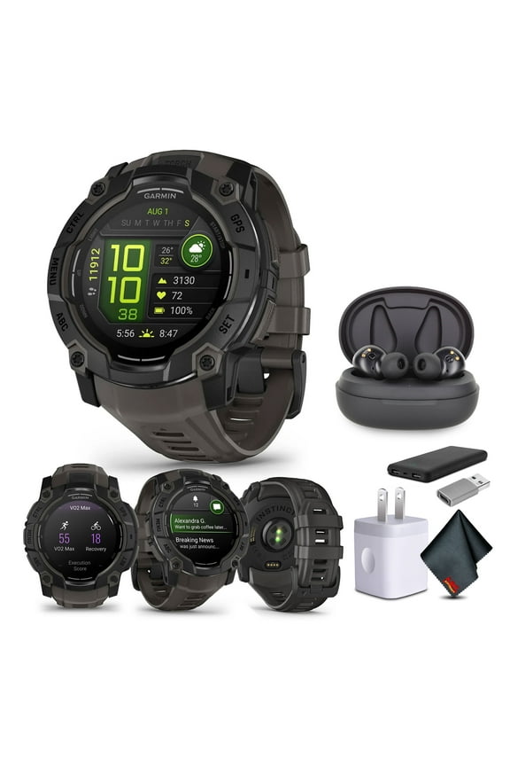 Instinct 3 45mm AMOLED Display Outdoor GPS Smartwatch Black (010-02936-00) with Earbuds Bundle