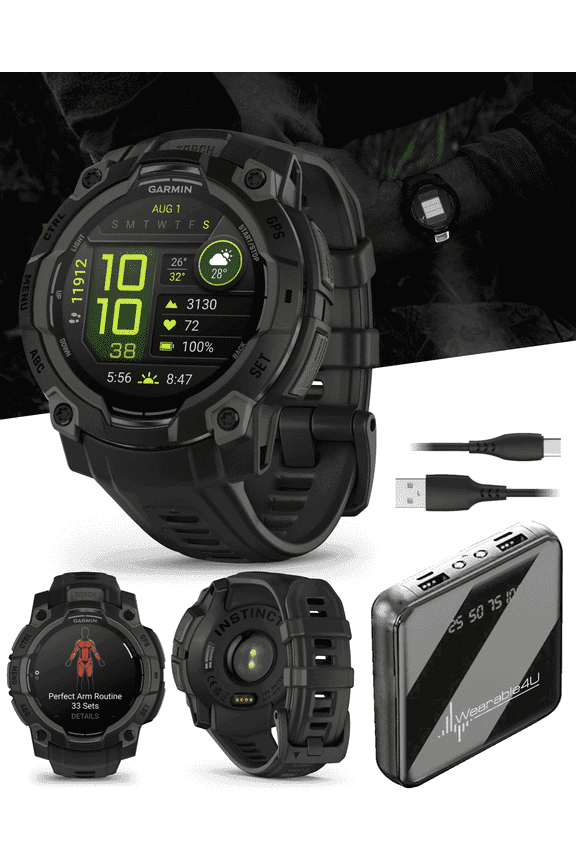 Garmin Instinct 3 45mm, AMOLED Display, Rugged Outdoor GPS Smartwatch, Metal-Reinforced Bezel, Built-in Flashlight, Up to 18 Days of Battery Life, Black with Wearable4U Bundle