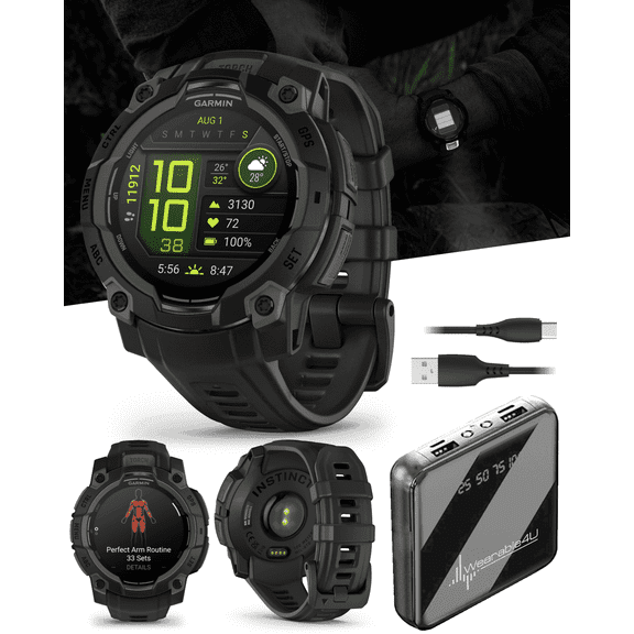 Garmin Instinct 3 45mm, AMOLED Display, Rugged Outdoor GPS Smartwatch, Metal-Reinforced Bezel, Built-in Flashlight, Up to 18 Days of Battery Life, Black with Wearable4U Bundle