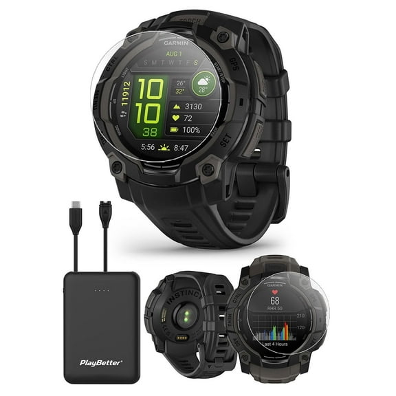 Garmin Instinct 3 45mm (Black) AMOLED Rugged Outdoor GPS Smartwatch Bundle with PlayBetter Portable Charger & HD Screen Protectors
