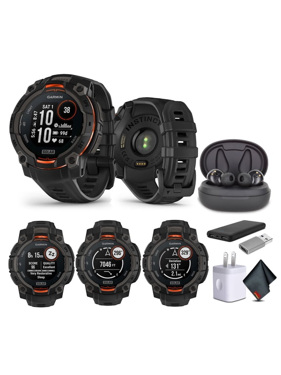 Instinct 3 45mm Smartwatch GPS Solar Charged Display Black (010-02934-00) Tactical Smart Watch Earbuds Bundle