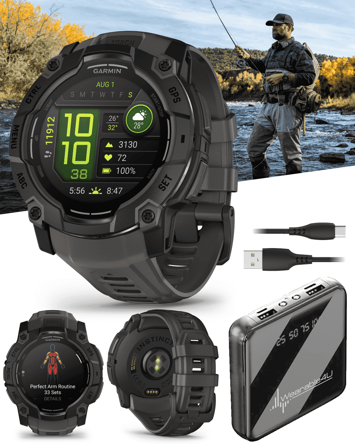 Garmin Instinct 3 50 mm, AMOLED Display, Rugged Outdoor GPS Smartwatch, Metal-Reinforced Bezel, Built-in Flashlight, Up to 18 Days of Battery Life, Black with Charcoal Band with Wearable4U Bundle