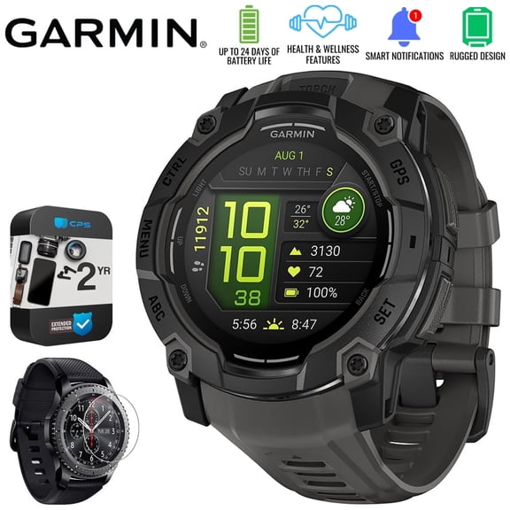 Garmin Instinct 3 - 50 mm Outdoor GPS Smartwatch, AMOLED, Black with Black Band 010-03020-00 Bundle with 2 Year Extended Warranty & Deco Essentials Screen Protector