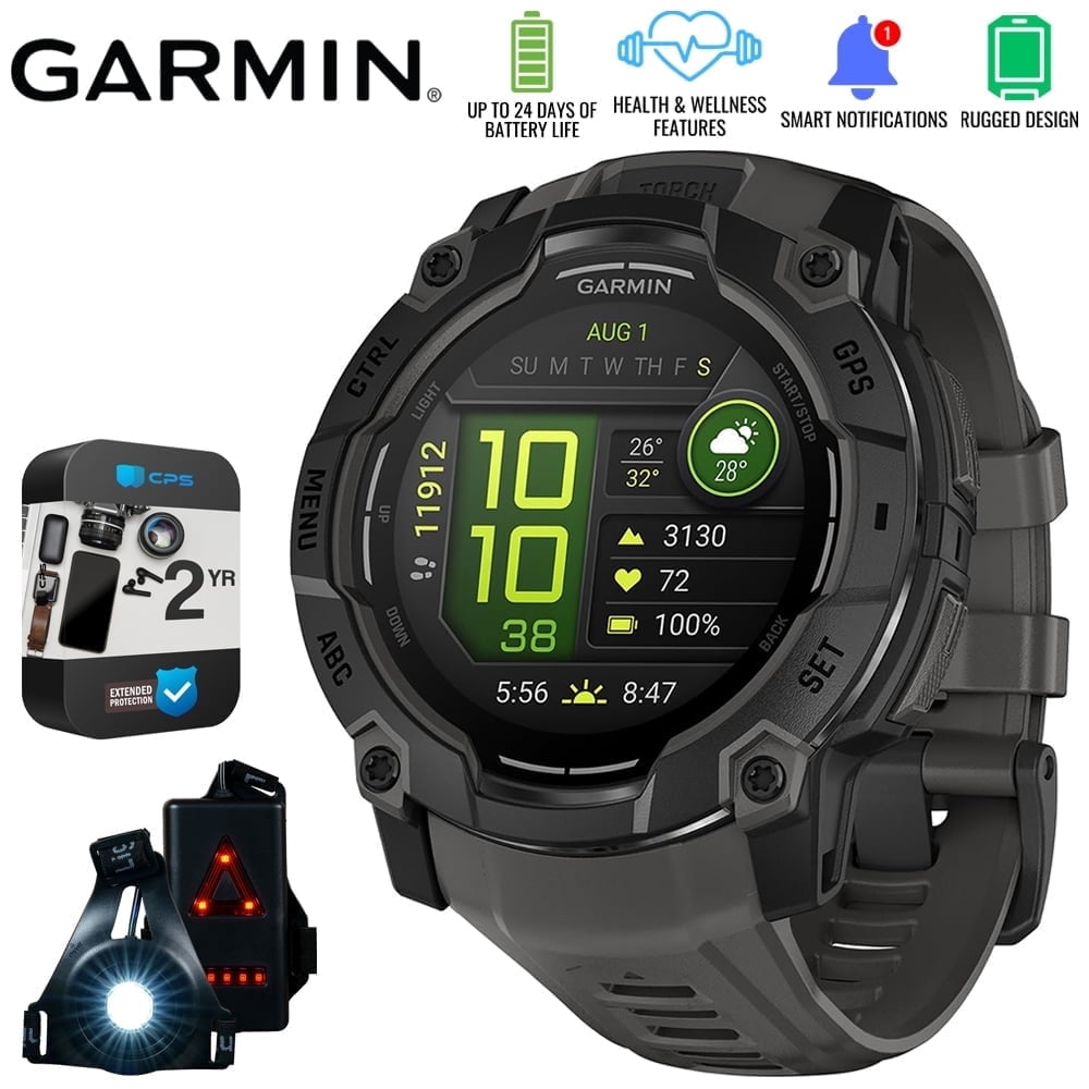 Garmin Instinct 3 - 50 mm Outdoor GPS Smartwatch, AMOLED, Black with Black Band 010-03020-00 Bundle with 2 Year Extended Warranty & Deco Essentials Wearable Safety Light