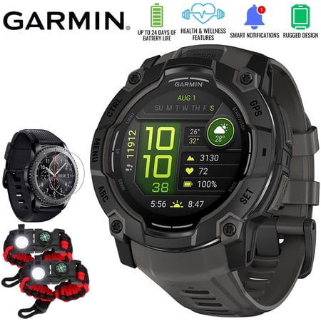 Garmin Instinct 3 - 50 mm Outdoor GPS Smartwatch, AMOLED, Black with Black Band 010-03020-00 Bundle with Deco Essentials Screen Protector & 2x Tactical Emergency Paracord Bracelet