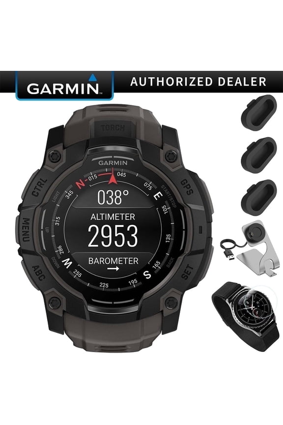 Instinct 3 - 50 mm Outdoor GPS Smartwatch, AMOLED, Black with Black Band Bundle with Deco Essentials Charging Dock for Venu 3 + Silicone Dust Cover + Round Tempered Glass Screen Protector