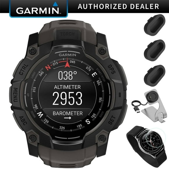 Instinct 3 - 50 mm Outdoor GPS Smartwatch, AMOLED, Black with Black Band Bundle with Deco Essentials Charging Dock for Venu 3 + Silicone Dust Cover + Round Tempered Glass Screen Protector