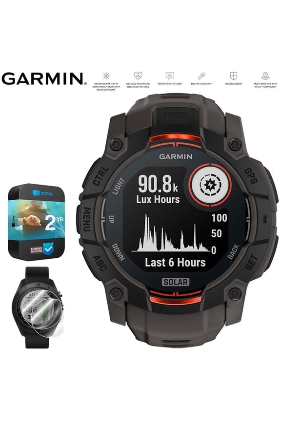 Instinct 3 50 mm Outdoor GPS Smartwatch SOLAR Black with Charcoal Band 010-02935-00 Bundle with 2 YR CPS Enhanced Protection Pack & Deco Essentials 2x Screen Protector