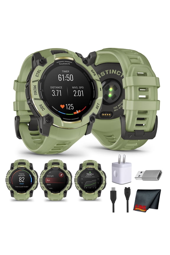 Instinct 3 - 50 mm, Rugged Outdoor GPS Smartwatch, 24 Day Battery, AMOLED Display, Built-in Flashlight, Alpine Rush Collection Limited Edition Color, Fern Green with Fern Green Band Bundle