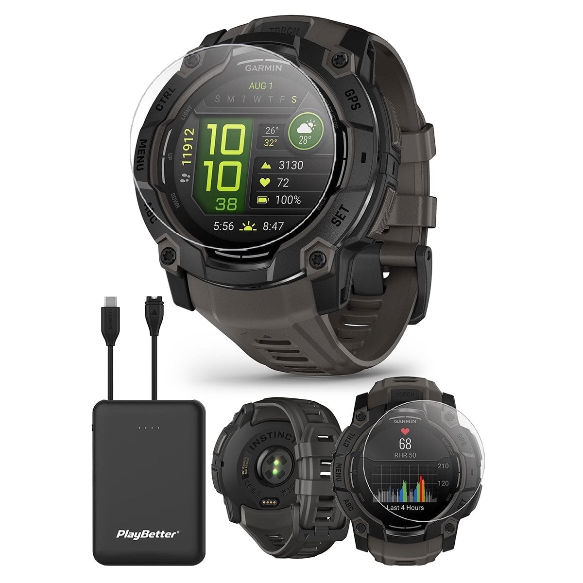 Garmin Instinct 3 50mm (Black/Charcoal) AMOLED Rugged Outdoor GPS Smartwatch Bundle with PlayBetter Portable Charger & HD Screen Protectors
