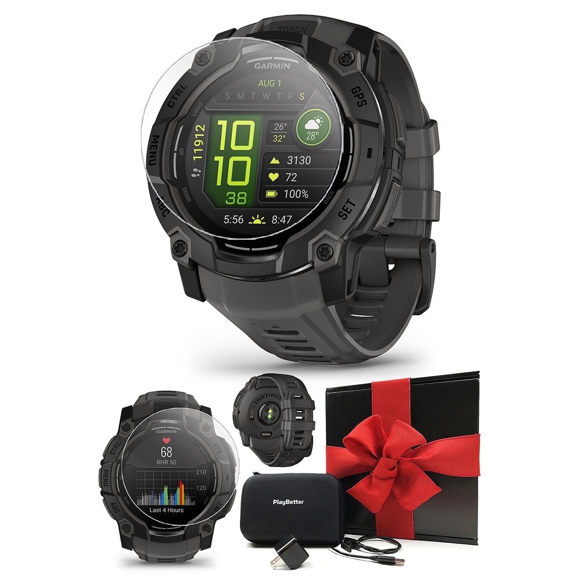 Garmin Instinct 3 50mm (Black/Charcoal) AMOLED Rugged Outdoor GPS Smartwatch Gift Box Bundle with PlayBetter HD Screen Protectors, Wall Adapter & Case