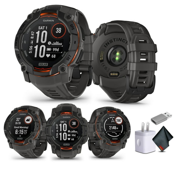 Garmin Instinct 3 50mm GPS Smartwatch Solar Charged Display Charcoal (010-02935-00) Bundle