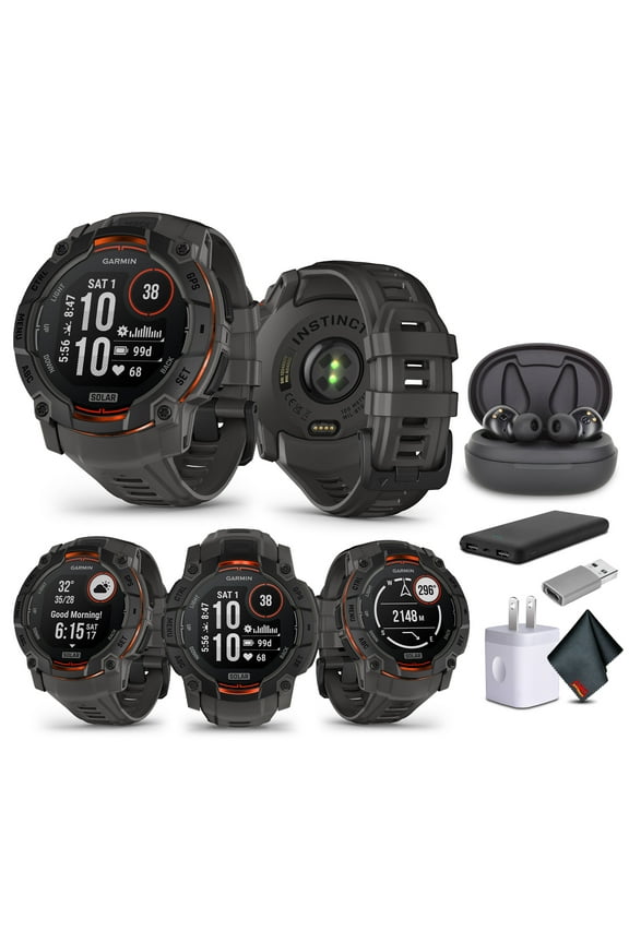 Instinct 3 50mm GPS Smartwatch Solar Charged Display Charcoal (010-02935-00) with Earbuds Bundle