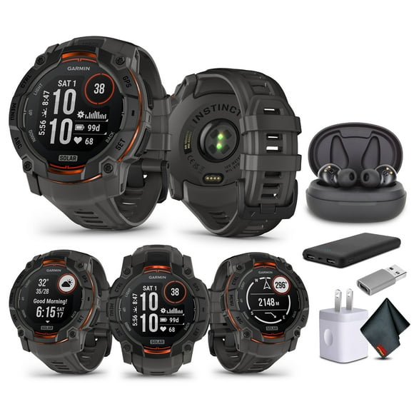 Garmin Instinct 3 50mm GPS Smartwatch Solar Charged Display Charcoal (010-02935-00) with Earbuds Bundle