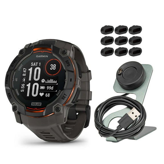 Garmin Instinct 3 50mm Solar GPS Smartwatch with Built-In Flashlight (Black with Charcoal Band) Bundle with Focus Camera Portable Charger Stand and Focus Charger Port Protectors (9-Pack) (3 Items)