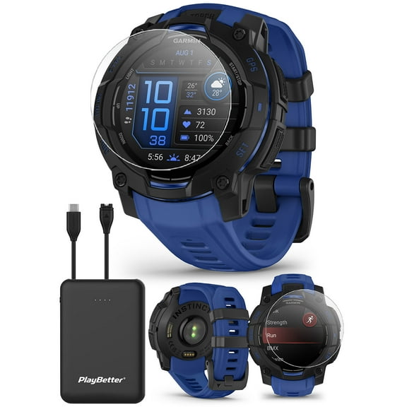 Garmin Instinct 3 AMOLED (Black/Bolt Blue, 45mm) Rugged Outdoor GPS Smartwatch Bundle with PlayBetter Portable Charger & HD Screen Protectors