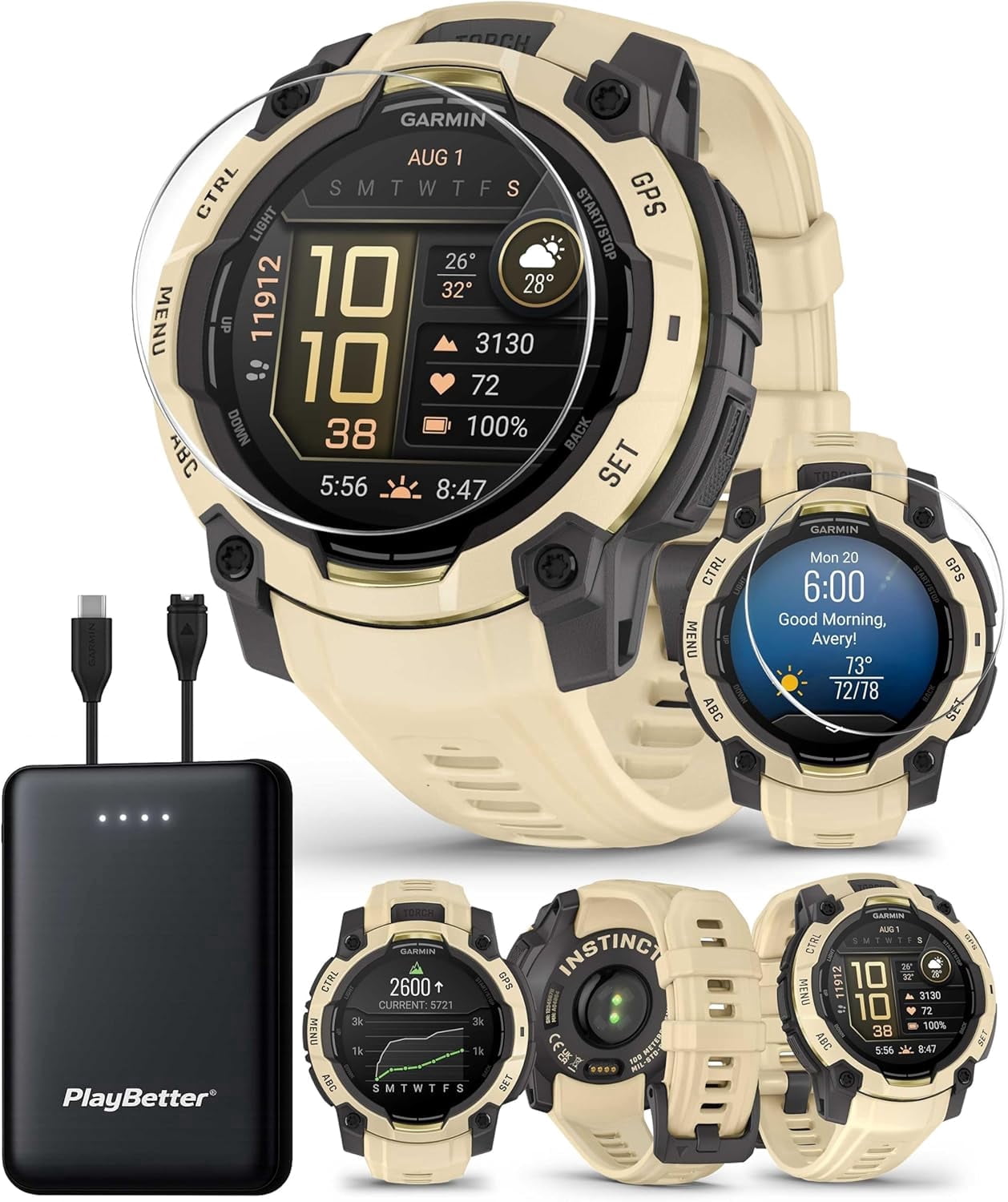 Garmin Instinct 3 Alpine Rush AMOLED (Citrine, 45 mm) Outdoor GPS Smartwatch Bundle with PlayBetter Portable Charger & HD Screen Protectors