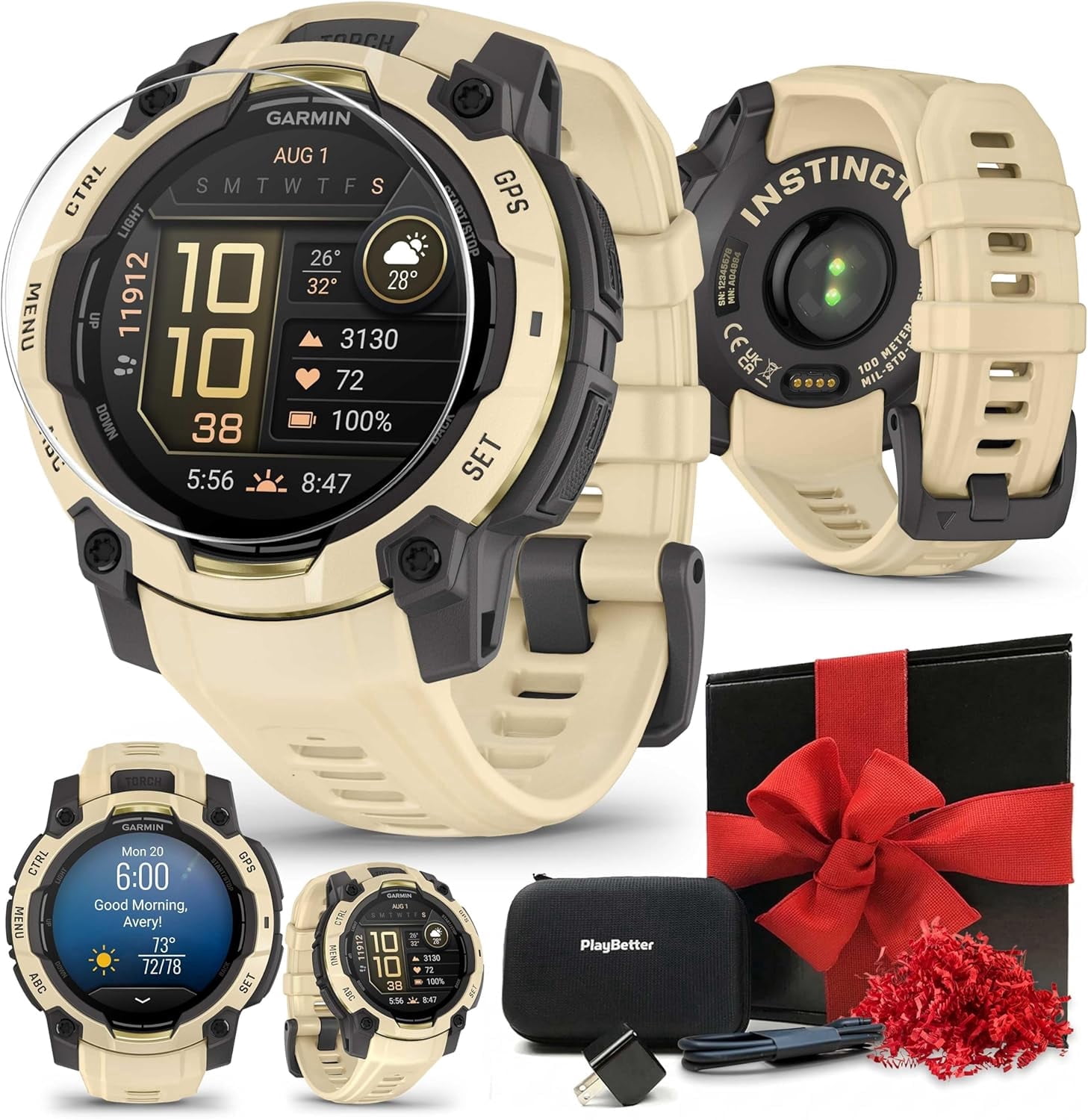 Garmin Instinct 3 Alpine Rush AMOLED (Citrine, 45 mm) Outdoor GPS Smartwatch Gift Box Bundle with PlayBetter HD Screen Protectors, Wall Adapter & Case