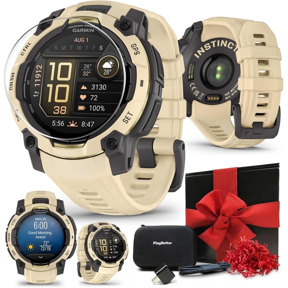 Garmin Instinct 3 Alpine Rush AMOLED (Citrine, 45 mm) Outdoor GPS Smartwatch Gift Box Bundle with PlayBetter HD Screen Protectors, Wall Adapter & Case