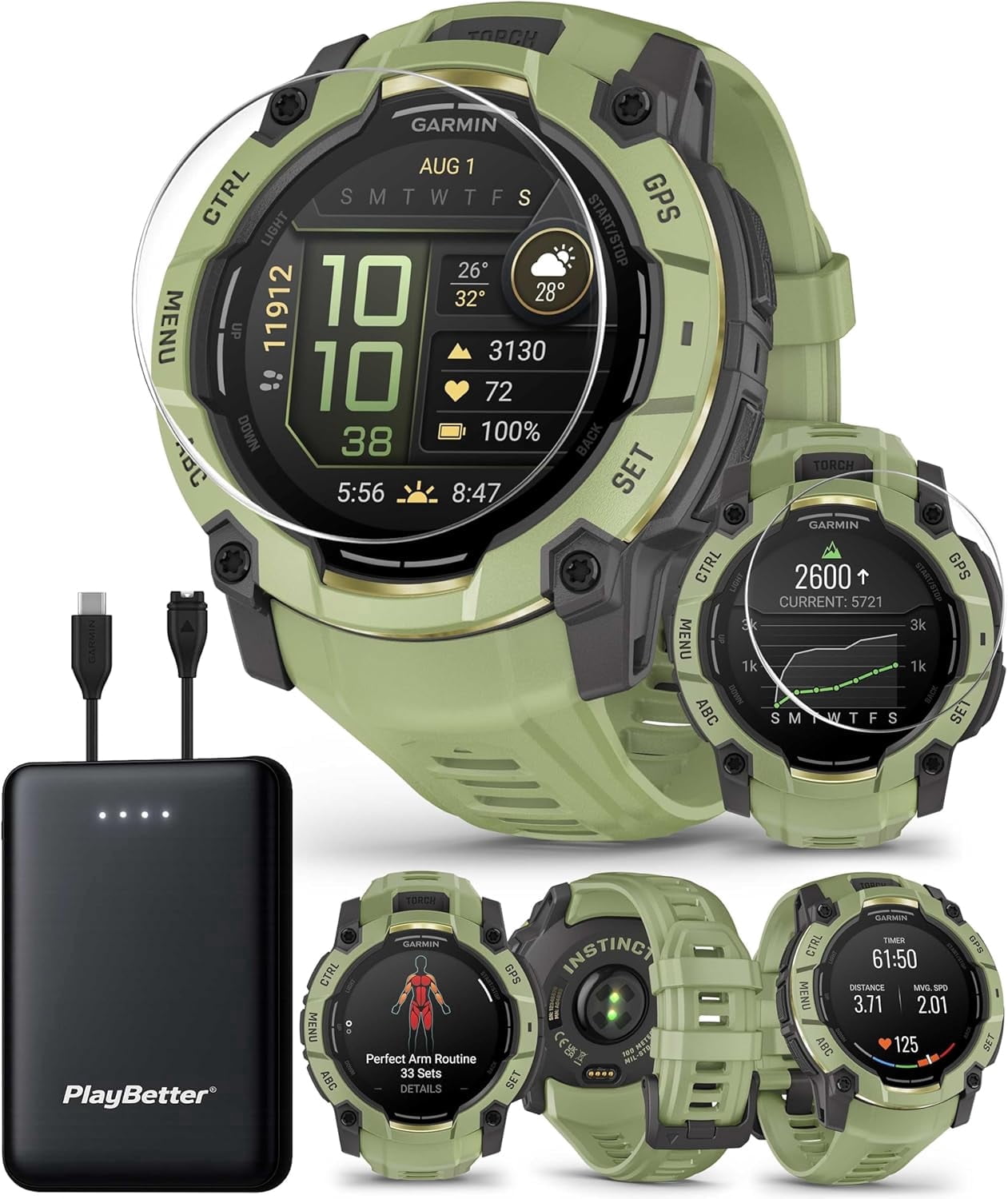 Garmin Instinct 3 Alpine Rush AMOLED (Fern Green, 50 mm) Outdoor GPS Smartwatch Bundle with PlayBetter Portable Charger & HD Screen Protectors
