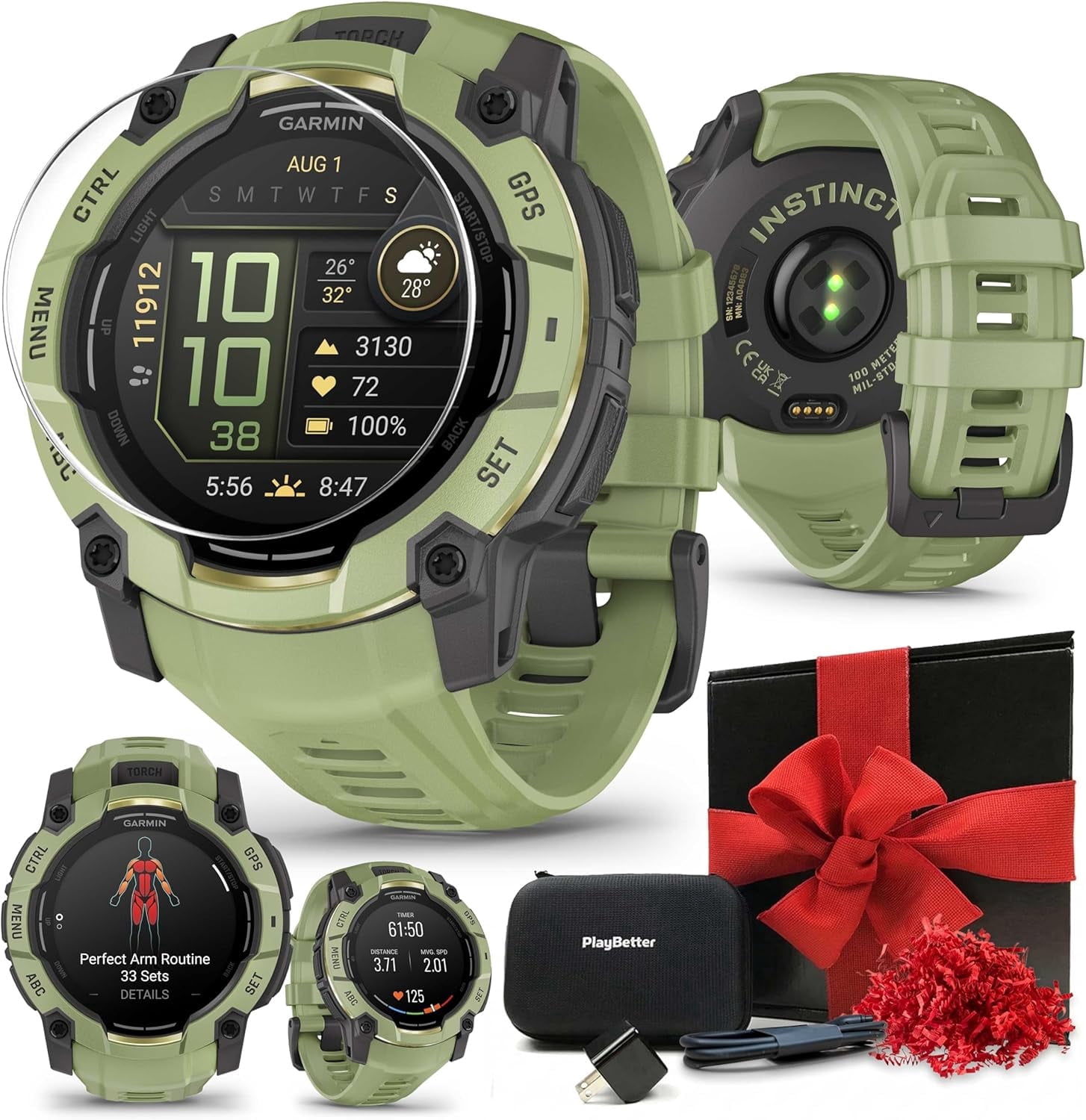 Garmin Instinct 3 Alpine Rush AMOLED (Fern Green, 50 mm) Outdoor GPS Smartwatch Gift Box Bundle with PlayBetter HD Screen Protectors, Wall Adapter & Case
