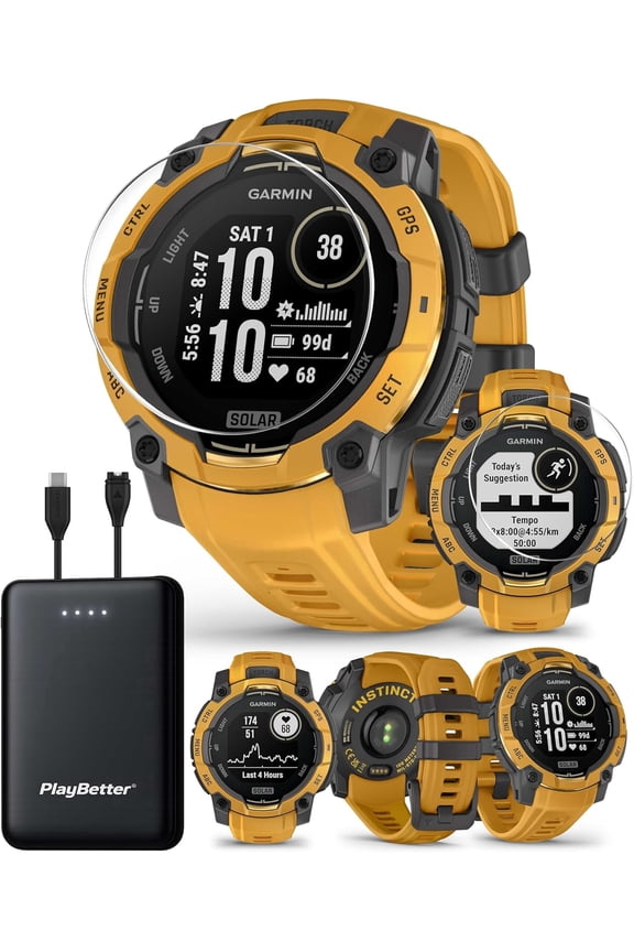 Garmin Instinct 3 Alpine Rush Solar (Sunburst/Gray, 45 mm) Outdoor GPS Smartwatch Bundle with PlayBetter Portable Charger & HD Screen Protectors