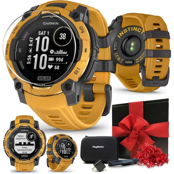 Garmin Instinct 3 Alpine Rush Solar (Sunburst/Gray, 45 mm) Outdoor GPS Smartwatch Gift Box Bundle with PlayBetter HD Screen Protectors, Wall Adapter & Case