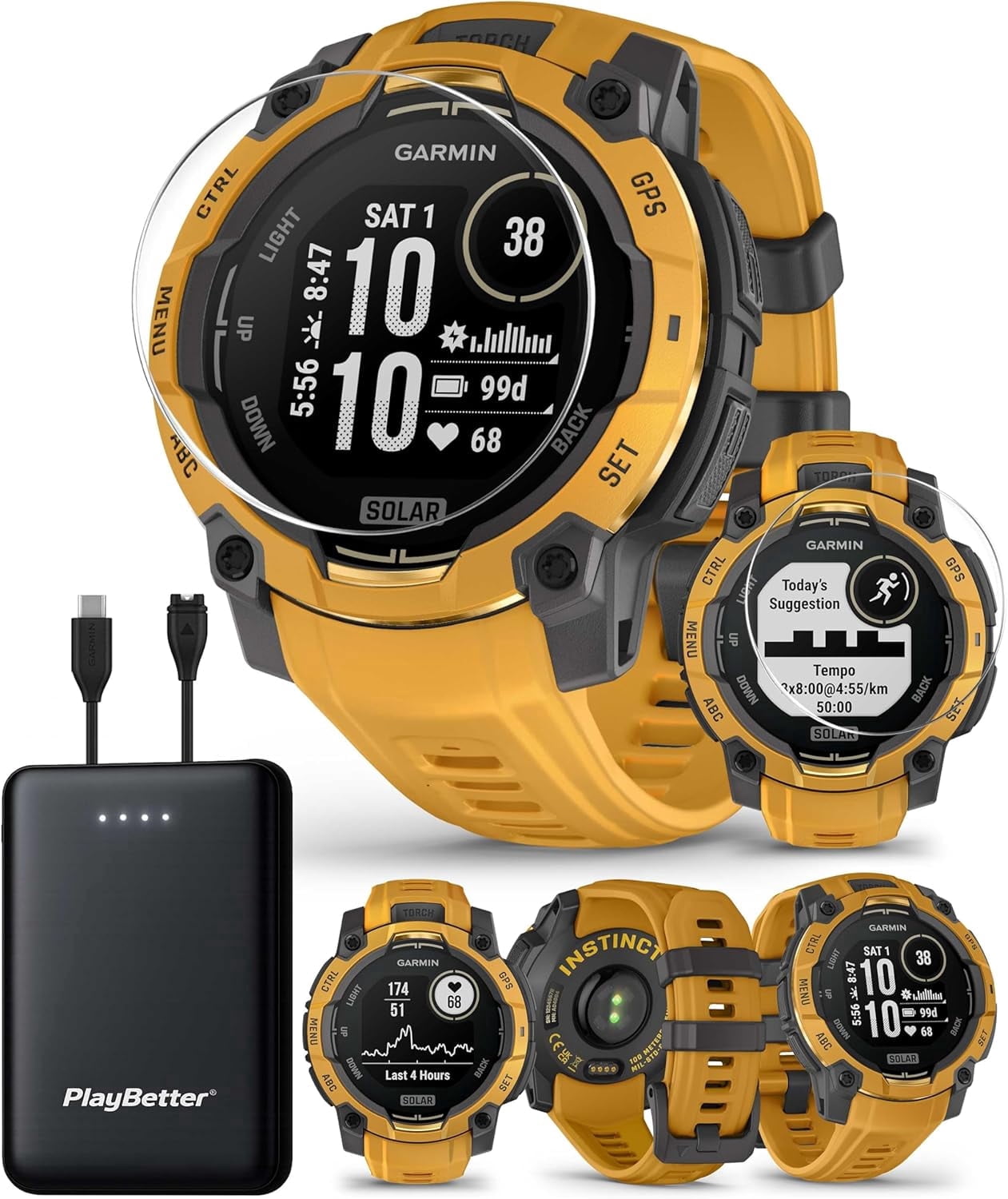 Garmin Instinct 3 Alpine Rush Solar (Sunburst/Gray, 50 mm) Outdoor GPS Smartwatch Bundle with PlayBetter Portable Charger & HD Screen Protectors