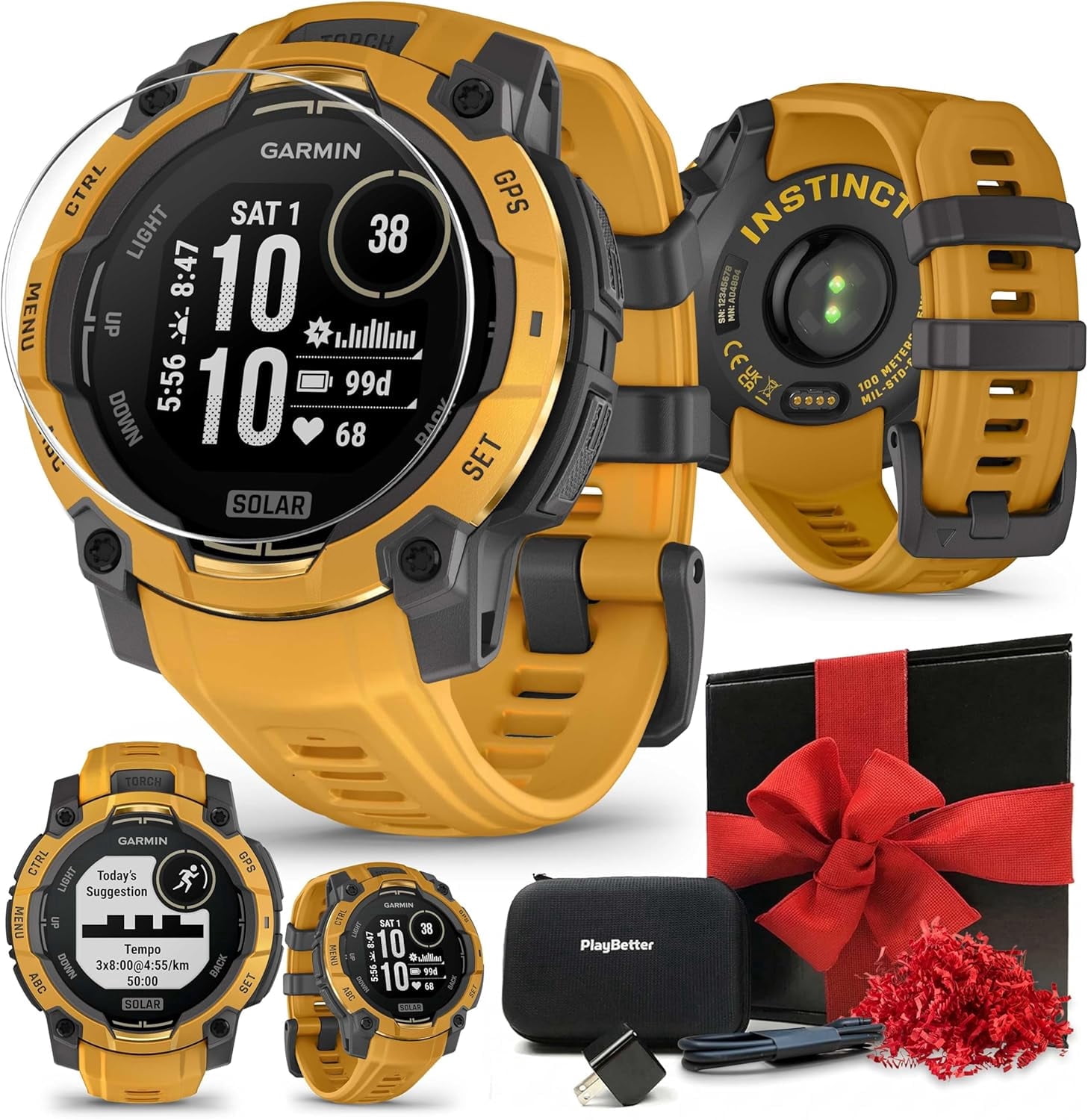 Garmin Instinct 3 Alpine Rush Solar (Sunburst/Gray, 50 mm) Outdoor GPS Smartwatch Gift Box Bundle with PlayBetter HD Screen Protectors, Wall Adapter & Case