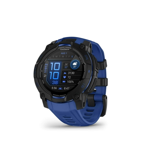 Garmin Instinct 3 - 45 mm, AMOLED Display, Rugged Outdoor GPS Smartwatch, Built-In Flashlight, Supernova Collection Limited Edition Color, Black with Bolt Blue/Black Silicone Band